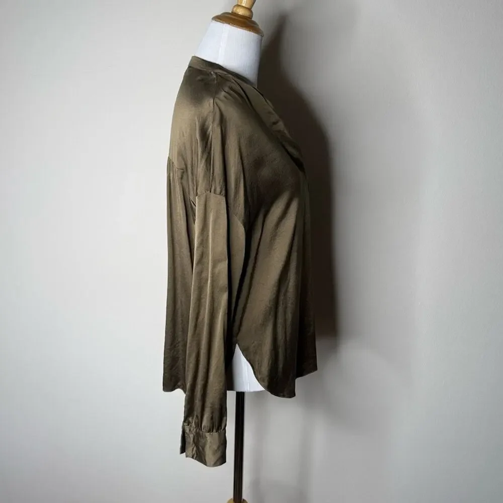 Vince Olive Green Khaki Silk Collarless Blouse - Picture 4 of 5